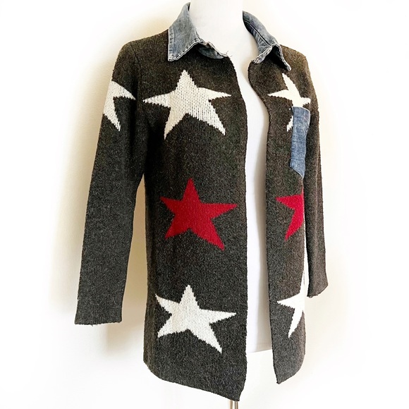 WOOL STAR PRINT CARDIGAN DENIM TRIM OPEN FRONT COLLARED SWEATER COAT GRAY Siz… - Picture 6 of 13